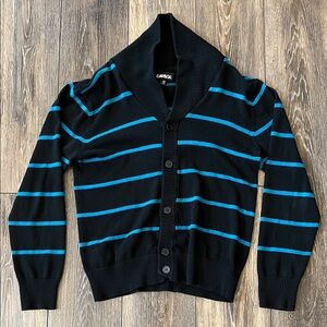 Carbon Black Shawl-Collar Button Down Cardigan with Teal Stripes Mens Medium